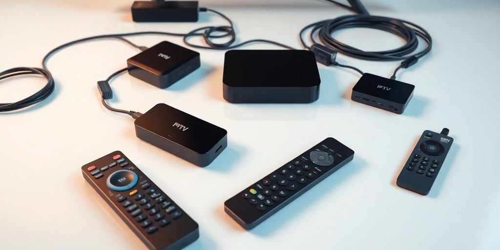 Collection of IPTV devices and remotes on a table.