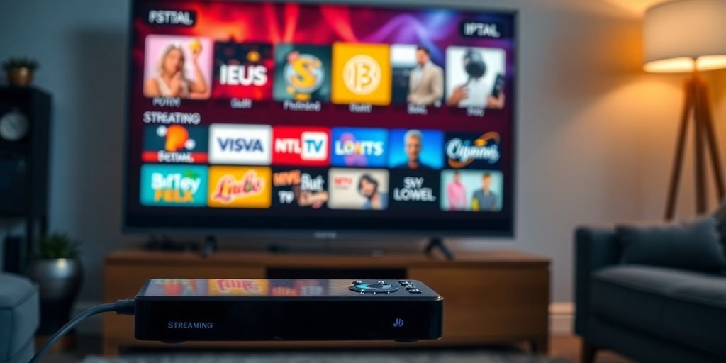 Streaming device connected to a TV with colorful icons.